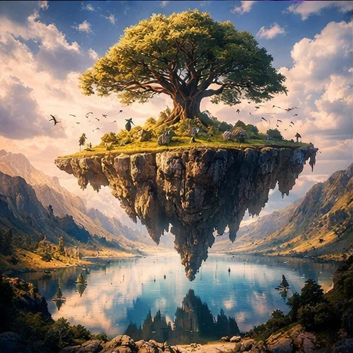 AI generated surreal floating island landscape above reflective water